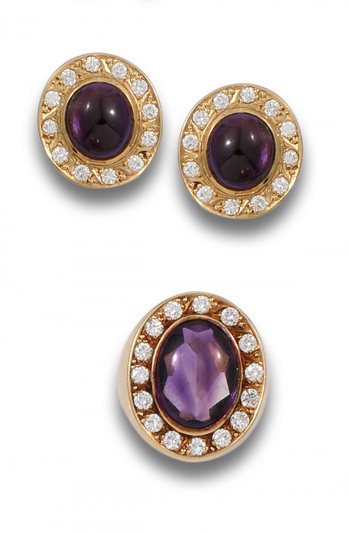 CONJUNTO, AÑOS 70 DE SORTIJA Y PENDIENTES DE AMATISTAS Y DI