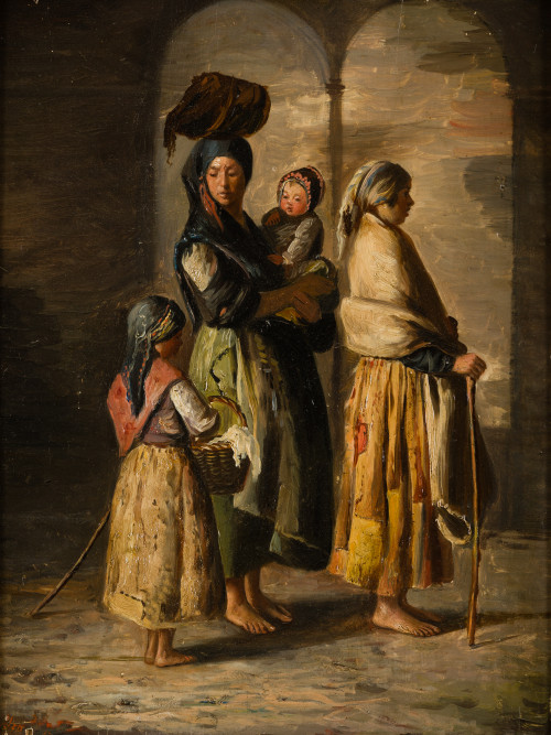 ESCUELA NAPOLITANA , "Mujeres", Óleo sobre tabla