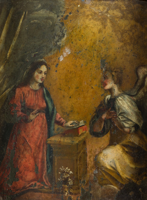 ESCUELA ESPAÑOLA, "La Anunciación", Óleo sobre cobre.