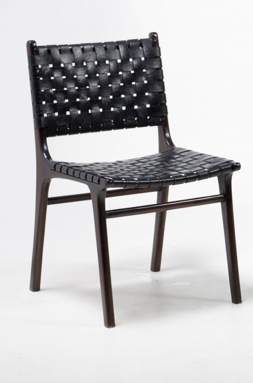 Silla de teca y cuero trenzado de diseño nórdico, S. XX