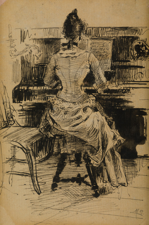 ANÓNIMO, "Dama tocando el piano", Tinta china sobre papel 