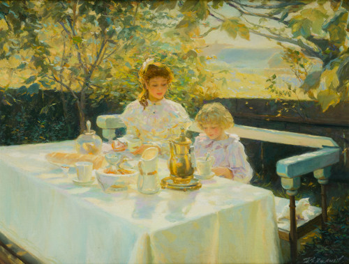 CONSTANTIN RAZOUMOV, "El desayuno", Óleo sobre lienzo.