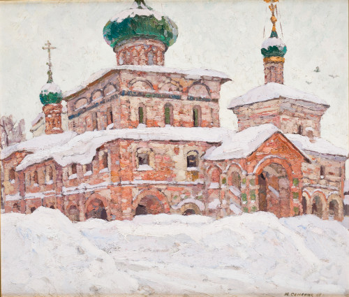 YURI SEMENYUK, "Paisaje nevado con iglesia ortodoxa", 1968,