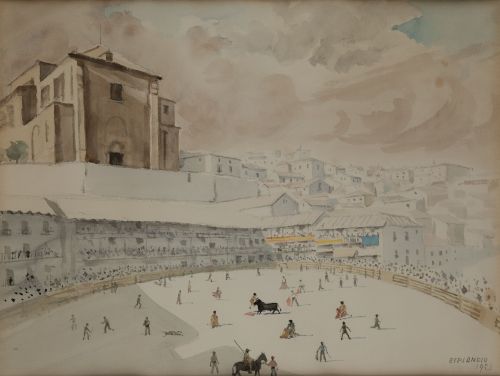 JUAN  ESPLANDIÚ, "Corrida de toros en Chinchón", 1953, Acua