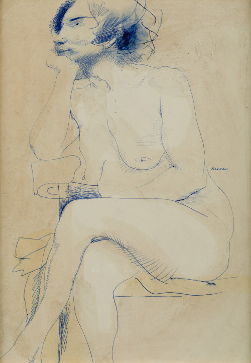 MANUEL ALCORLO BARRERA, "Mujer desnuda pensativa", Bolígraf