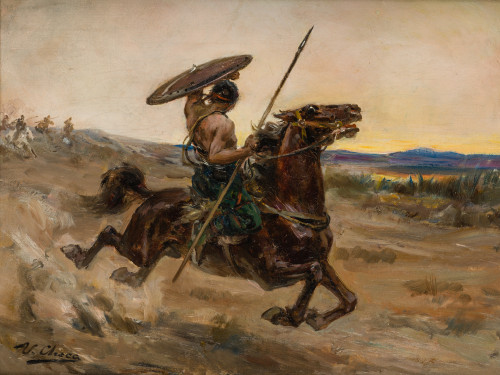 ULPIANO  CHECA Y SANZ, “Guerrero huyendo”, c. 1910, Óleo so
