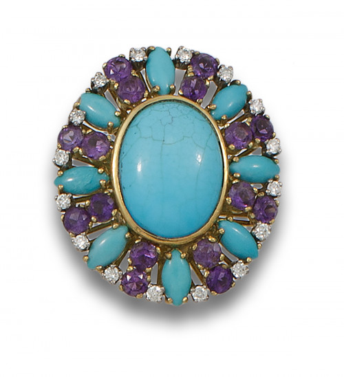 GRAN SORTIJA DE TURQUESAS, AMATISTAS, DIAMANTES Y ORO AMARI