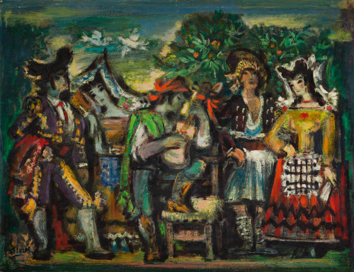 PEDRO  FLORES, "Fiesta torera", Óleo sobre tabla