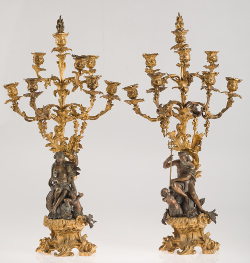 Pareja de candelabros "Neptuno" y "Anfítrite" bronce dorado