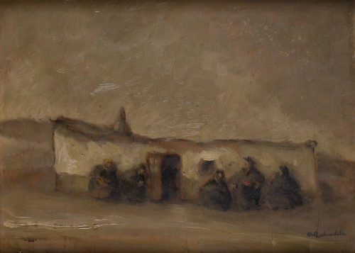 AGUSTÍN REDONDELA, "Campesinos", Óleo sobre tablero.