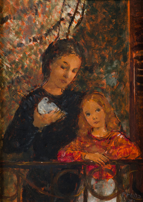 PEDRO PRUNA, "Madre e hija en un balcón", 1972, Óleo sobre 