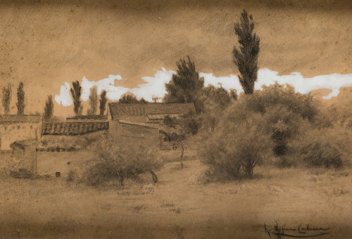 RICARDO LÓPEZ CABRERA, "Paisaje de campo con casas", Carbon