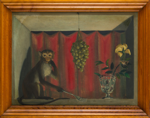VICENTE VIUDES, "Bodegón con mono", Óleo sobre lienzo