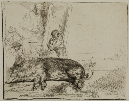 REMBRANDT VAN RIJN, "El cerdo (La matanza)", Aguafuerte y p