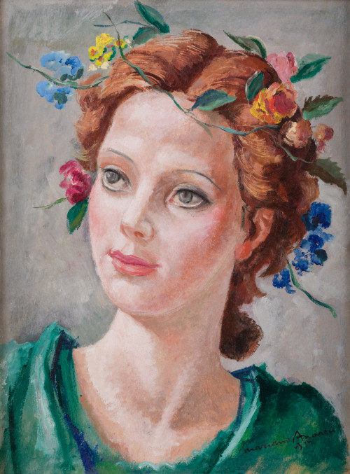 MARIANO ANDREU , "Joven con tocado de flores", 1935, Óleo s