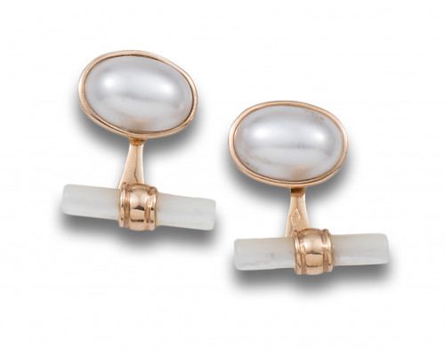 GEMELOS DE PERLAS MABÉ, MADREPERLA Y ORO ROSA