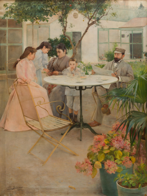 LUIS  GRANER ARRUFI, "Familia en el jardín", 1895, Óleo sob