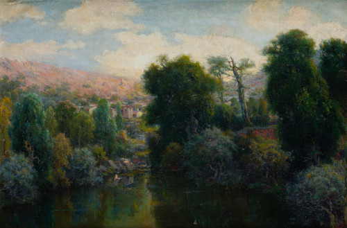 MANUEL SALCES, "Vista del Rio Izarilla", Óleo sobre lienzo