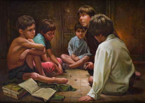 JUAN SOLER, "Niños jugando a los dados", 1988, Óleo sobre l