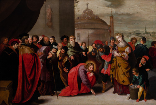 FRANS FRANCKEN II, "Cristo y la mujer adúltera", Óleo sobre