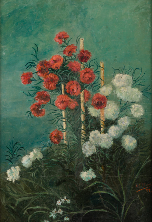 JUAN GIL GARCIA, "Jardín con claveles", 1924, Óleo sobre li