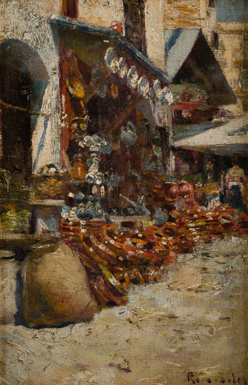 JOAN ROIG SOLER, "Puesto de mercado", Óleo sobre cartón.