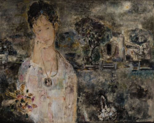CARMEN LAFFON, "Dama con flores y paisaje", c. 1960, Óleo