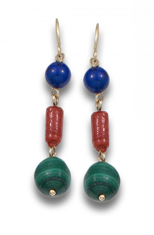 PENDIENTES DE ORO, LAPISLÁZULI Y MALAQUITA