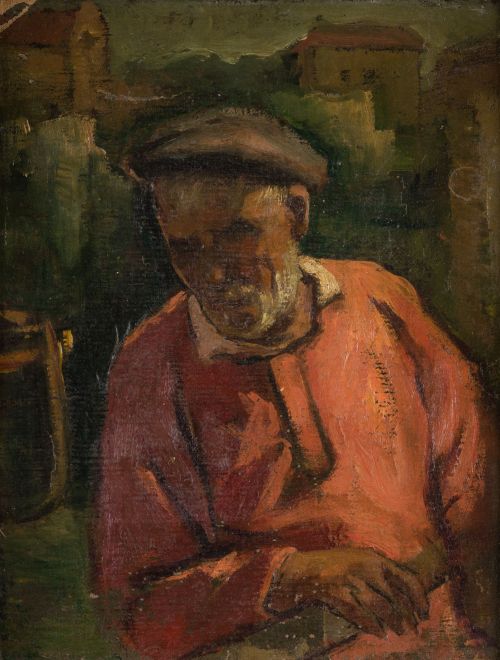 ESCUELA VASCA  Ppios S.XX, "Campesino en paisaje", Óleo sob