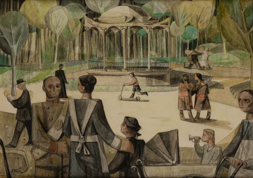 ALFONSO FRAILE, "En el parque", Acuarela y grafito sobre pa