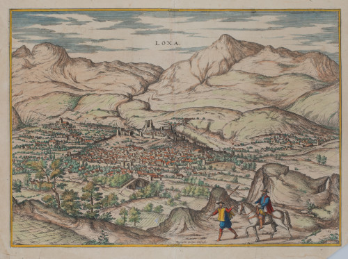 GEORGIUS HOEFNAGEL, "Loxa", Grabado al cobre. Color a mano
