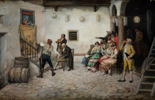 RAMON MUÑOZ RUBIO, "Los titiriteros", 1891, Óleo sobre lien