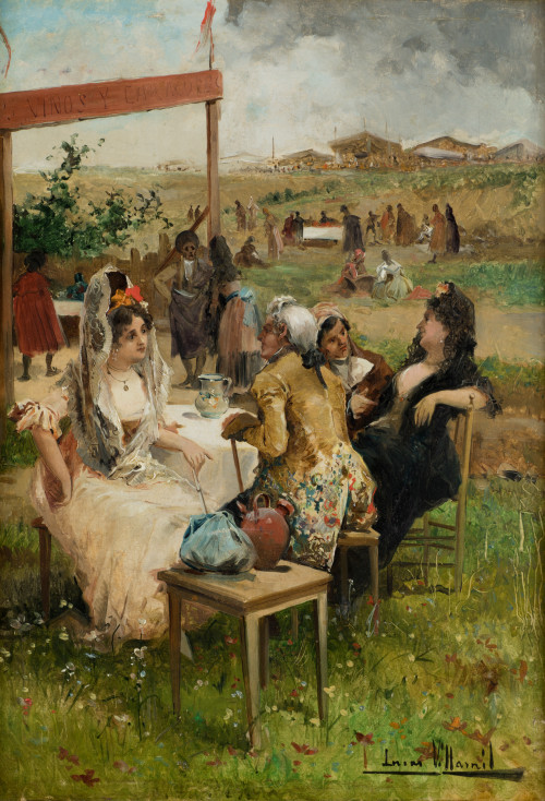 EUGENIO  LUCAS VILLAMIL, "Comida en el campo", Óleo sobre l