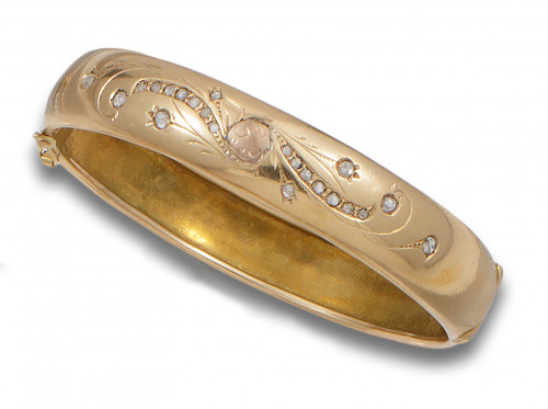 PULSERA DE MEDIA CAÑA ANTIGUA DE ORO Y DIAMANTES