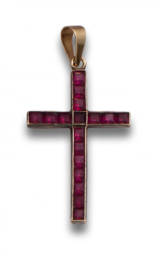 COLGANTE CRUZ ANTIGUA DE RUBÍES SINTÉTICOS Y ORO