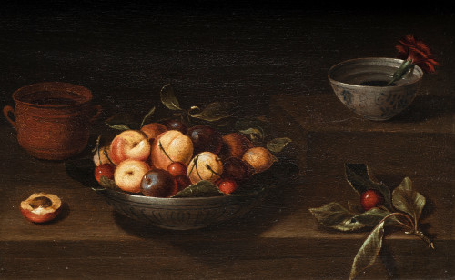 PEDRO DE CAMPROBÍN, "Bodegón con castañas, copa  y frasca d