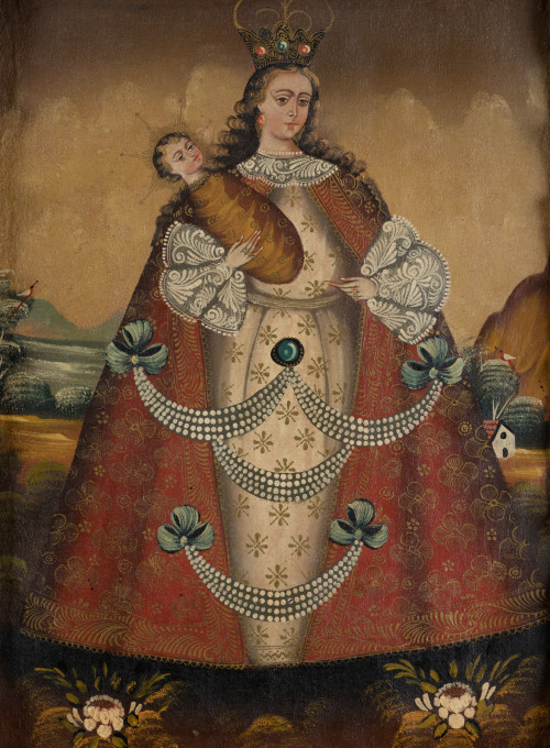 ESCUELA CUZQUEÑA, "Virgen con el Niño", Óleo sobre lienzo.