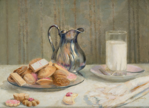 ESCUELA EUROPEA, "Bodegón con pastas, jarra y leche", Óleo 