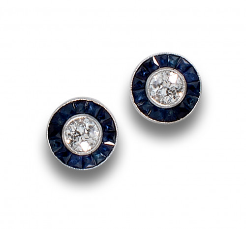 PENDIENTES OJO DE PERDIZ DE DIAMANTES, ZAFIROS Y PLATINO