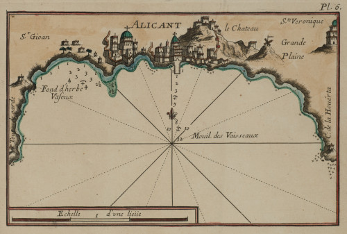 JOSEPH ROUX, "Vista y carta náutica de Alicante, castillo y