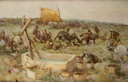 ÁNGEL GONZÁLEZ MARCOS, "Cogida en el campo", Óleo sobre lie
