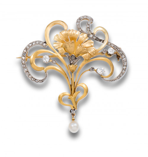 BROCHE ART NOUVEAU DE DIAMANTES, ORO AMARILLO Y PLATINO