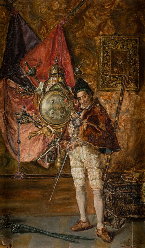 ESCUELA ITALIANA, "Espadachín", Óleo sobre tabla