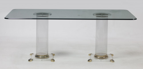 Mesa de comedor de metacrilato, metal dorado y cristal, Esp