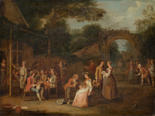 PETER ANGELIS, "Un galanteo en la taberna", Óleo sobre lien