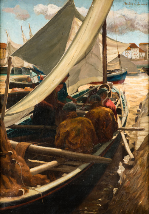 JULIÁN IBÁÑEZ DE ALDECOA, "Barca con pescadores en el puert