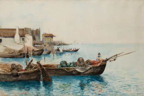 BALDOMERO GALOFRE, "Puerto de Italia", Acuarela sobre papel.