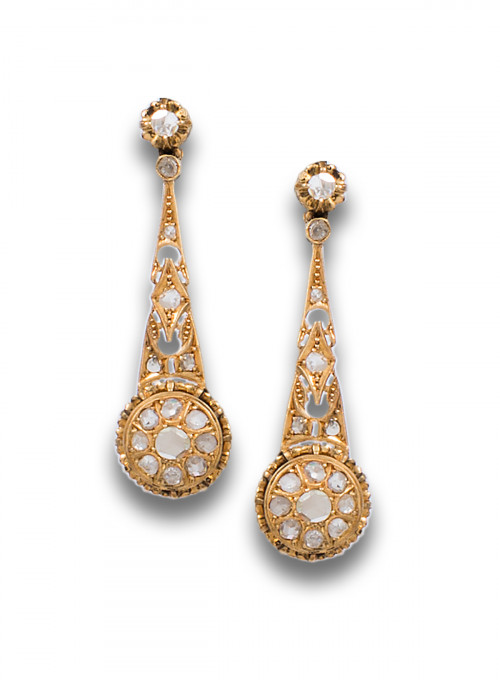 PENDIENTES LARGOS S.XIX, DE ORO AMARILLO CON DIAMANTES