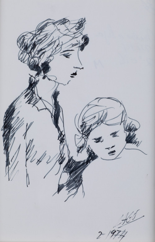 ANTONIO LAGO RIVERA, "Madre e hija", 1974, Tinta sobre papel