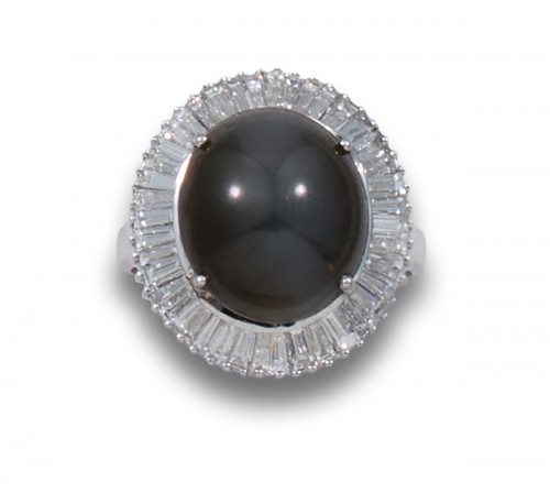 SORTIJA CABUJÓN NATURAL DE CRISOBERILO OJO DE GATO Y DIAMAN